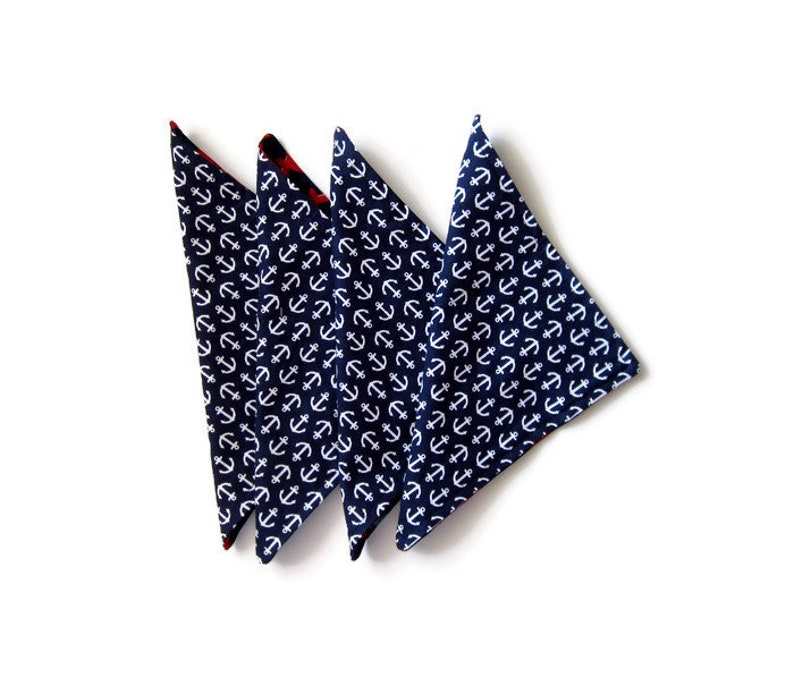 Navy and Red Reversible and Washable Lunchbox Napkins with Sharks and Anchors 8X8 Cloth Napkins Set of 4