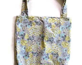 Large Shopping Bag, Yellow and Grey Floral, Market Tote