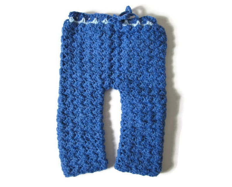 Crocheted Blue Baby Pants, Size 0-3 Month, Baby Bottoms, Boy Pants, Drawstring Waist, Baby Shower Gift, Baby Boy Gift, Denim Blue image 1