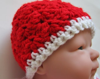 Christmas Baby Hat, Size Newborn, Red and White, Crocheted, Baby Beanie, Unisex, Gender Neutral, Photo Prop