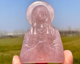 Handmade Rose Quartz Virgin Mary Crystal: Healing Home Decor (3.1")