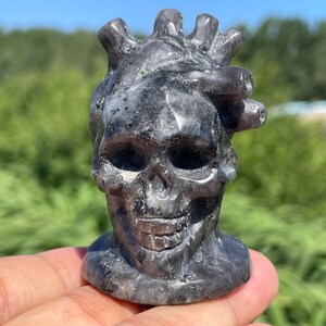 Puede incluir: Una escultura de calavera gris oscuro con una parte superior en forma de corazón. La calavera tiene detalles, incluyendo cuencas de los ojos, una cavidad nasal y una boca sonriente. La escultura se sostiene en una mano sobre un fondo verde borroso.