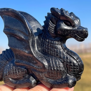 3.5インチ天然黒曜石フライドラゴンスカル、クリスタルドラゴンスカルクォーツクリスタルギフトホームデコレーションクリスタルエネルギーヒーリング1個