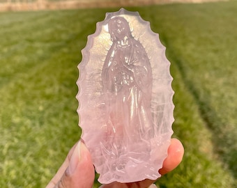Handmade Pink Rose Quartz Virgin Mary Crystal: Home Decor, Energy Healing