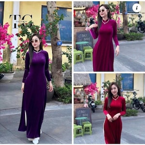 Pre-made Ao Dai Viet Nam, velvet ao dai with silk pants for girls, women party weddings new year, áo dài nhung nhiều màu cổ đứng.