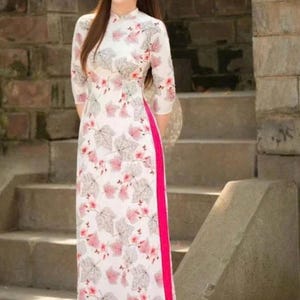 Pre-made Ao Dai Viet Nam, Áo dài lụa cổ cao họa tiết lá cùng hoa nhí xinh trẻ trung with pants for girls, women party weddings new year