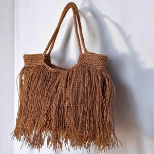 Crochet Raffia Shoulder Bag,Woven Straw Women Bag,Summer Beach Tote Bag, Large Fringed Shoulder Bag