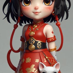 Pintura Mengmenghua de estilo chino similar a una imagen de una niña con un perro en Na Zha 2