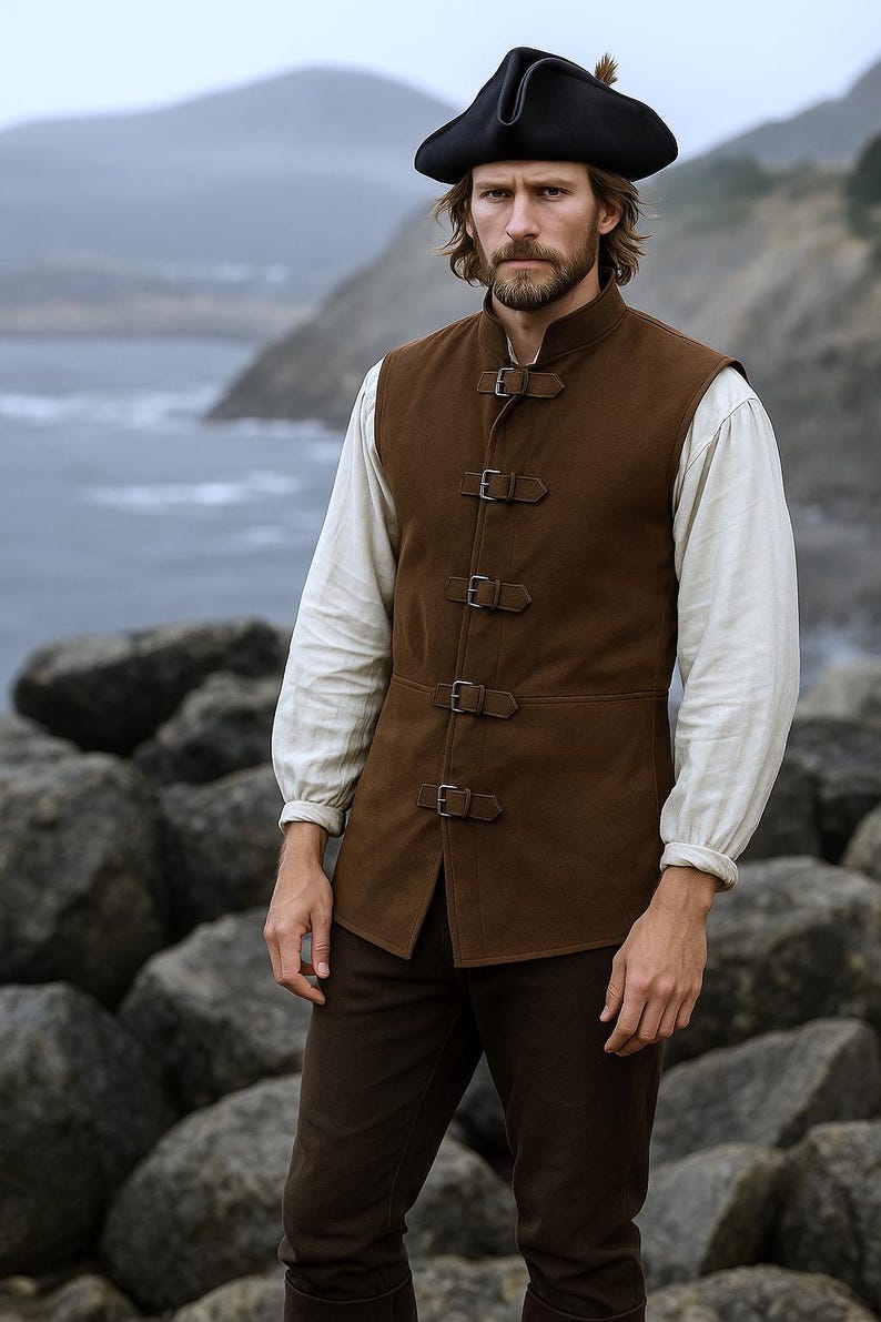 May include: A brown suede vest with four buckle closures, worn over a white long-sleeved shirt. The person is wearing a black tricorn hat and brown pants. The background shows a rocky shoreline and the ocean.