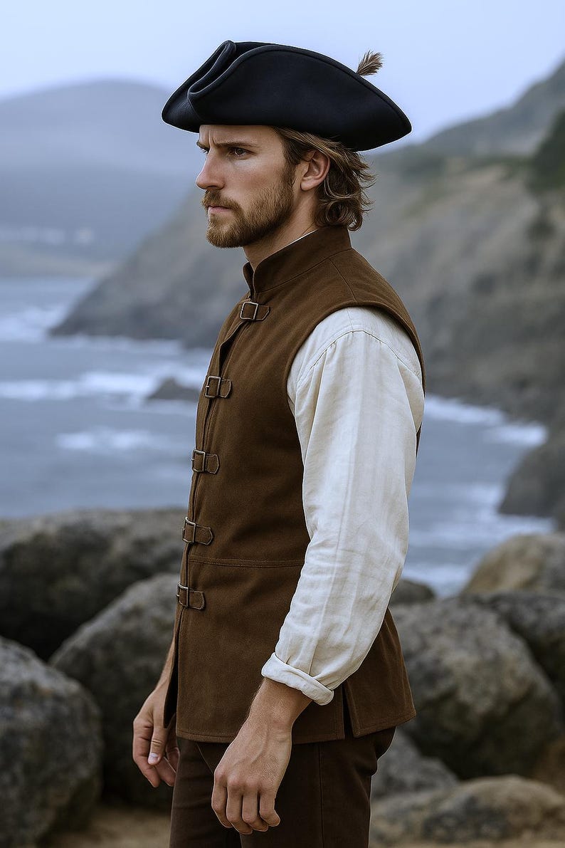May include: A brown suede vest with buckle closures, worn over a white long-sleeve shirt. The outfit is completed with a black tricorn hat with a feather. The scene is set outdoors with a coastal backdrop.