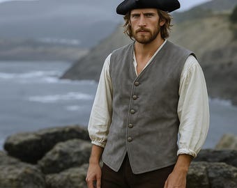 Genuine Suede Leather Colonial Vest: Gray Pirate Waistcoat