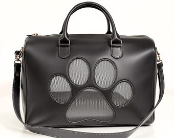 Transportín de cuero negro para mascotas con panel de malla para patas, bolso de viaje para perros