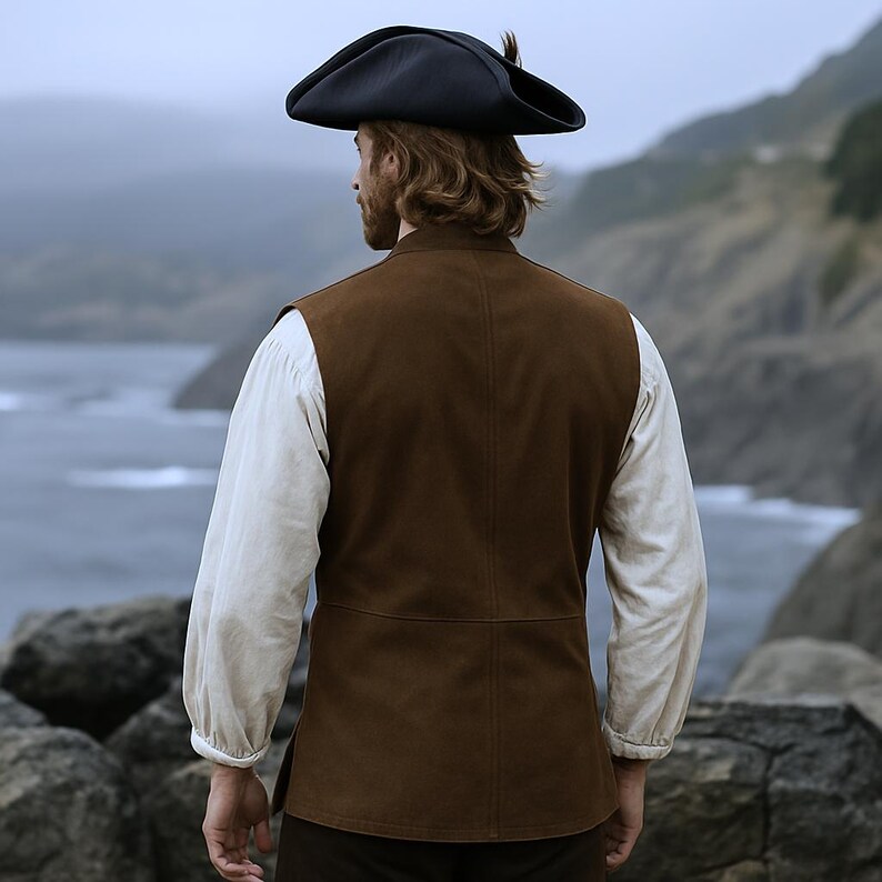 May include: A brown suede vest with a high collar, worn over a white long-sleeved shirt. A black tricorn hat with a feather is worn on the head. The outfit is reminiscent of historical or pirate-themed attire.