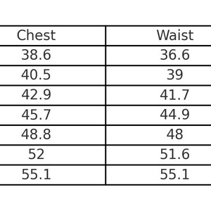 May include: A white chart with black text detailing clothing measurements. The chart includes sizes XS to 3XL, with corresponding chest, waist, and length measurements in inches. The measurements range from 38.6 inches to 55.1 inches for the chest.