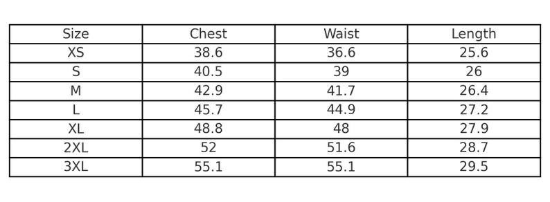 May include: A white chart with black text detailing clothing measurements. The chart includes sizes XS to 3XL, with corresponding chest, waist, and length measurements in inches. The measurements range from 38.6 inches to 55.1 inches for the chest.