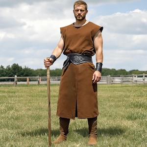 Men’s Medieval Warrior Tunic in Brown Suede | Sleeveless Viking LARP Costume | Genuine Leather Norse Tunic for Reenactment or Cosplay