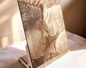 Foto incisa su legno al laser. Foto ricordo o ritratto di cani o gatti. Idea regalo speciale per fidanzati, per matrimonio o comleanno