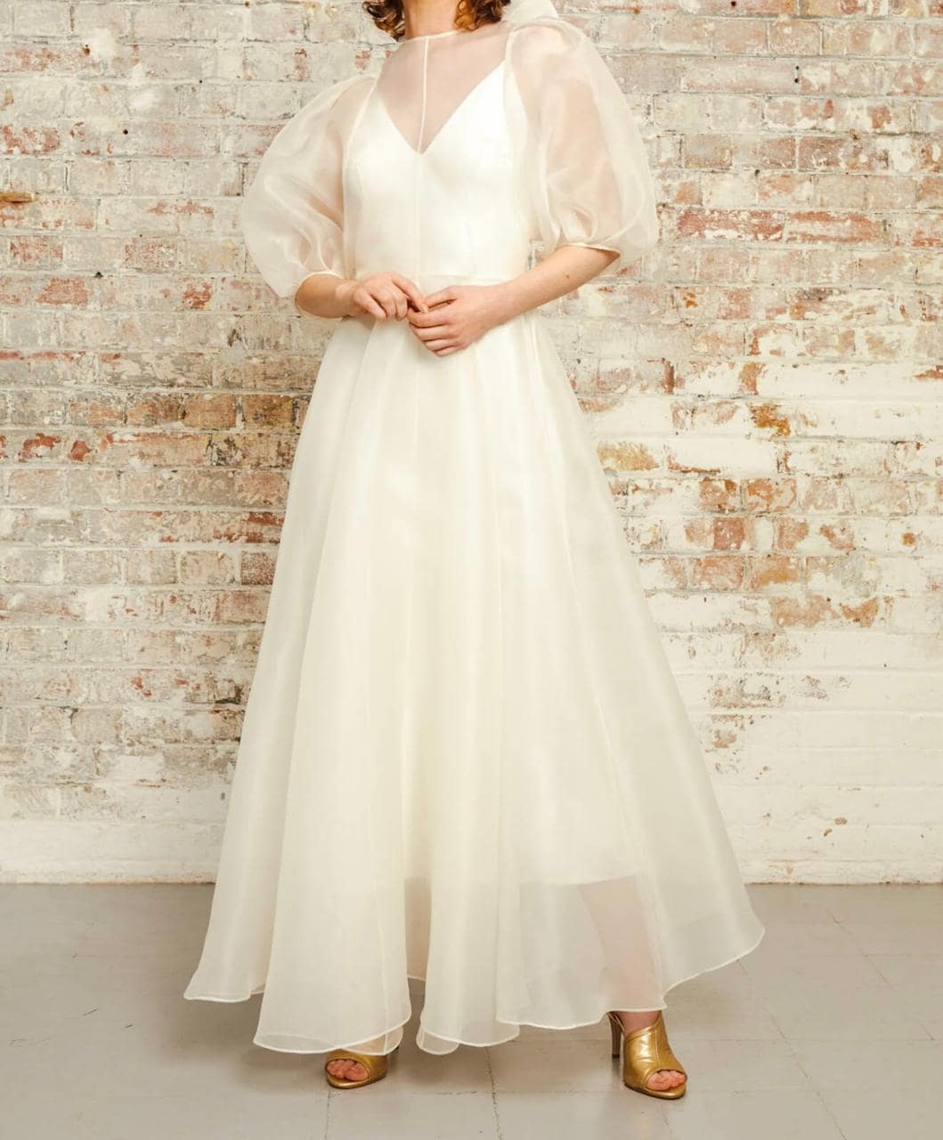 Minimalist sheer, see through ivory organza silk smock style, length wedding dress, Modern A line mid length bridal dress style MASON,.