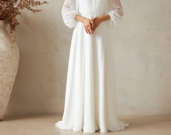 Simple chiffon wedding dress long sleeve, wedding dress minimalist, Boat Neckline wedding dress