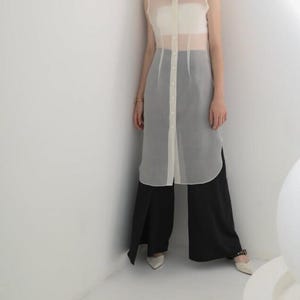 Causal Organza Sleeveless See-Through Tunic Button up high mandarin color Organza See Through Cover Up, Party Cover