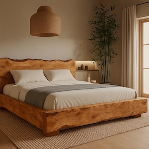 Massief houten bedframe, laag bedframe, Live Edge-platformbedframe, antiek bedframe met hoofdeinde, modern kingsize bedframe uit het midden van de eeuw