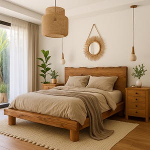 Queensize bedframe, kingsize bedframe, antiek groot bed, massief houten bedframe met hoofdeinde, houten bedframe laag platform