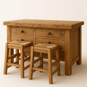 Solid Wood Kitchen Island with Storage, Kitchen Island with 2 Seating Stools Farmhouse Kitchen Table Rustic Wood Kitchen Island with Drawers