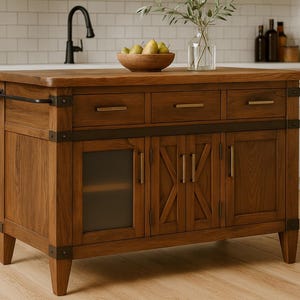 Custom Kitchen Island with Solid Teak, Handmade Farmhouse Island with Storage, kitchen island with seating & Cabinets Butcher Block