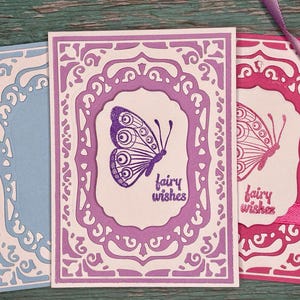 Biglietto d'auguri fatto a mano – "Desideri delle fate" – Viola con motivi – 13 × 9,5 cm – Stile fantasy