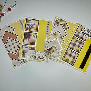 Jeu de 4 cartes de vœux tournesol faites main – « Herzlichen Glückwunsch » – jaune et or