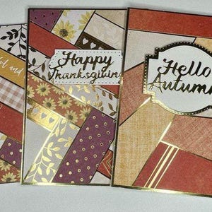 Lot de 3 cartes de voeux d'automne - Thème automne et Thanksgiving - Fait main jaune et or