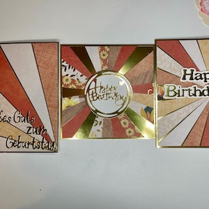 Lot de 3 cartes d'anniversaire faites main - tons or et orange - chaleureux et élégant