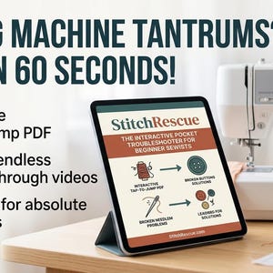 Op de afbeelding: Een tablet met de interactieve StitchRescue PDF-handleiding voor het oplossen van problemen met naaimachines. Het scherm toont tekst en iconen voor kapotte naalden en knopen. De tekst luidt SEWING MACHINE TANTRUMS? FIX IT IN 60 SECONDS! en INSTANT DIGITAL DOWNLOAD.