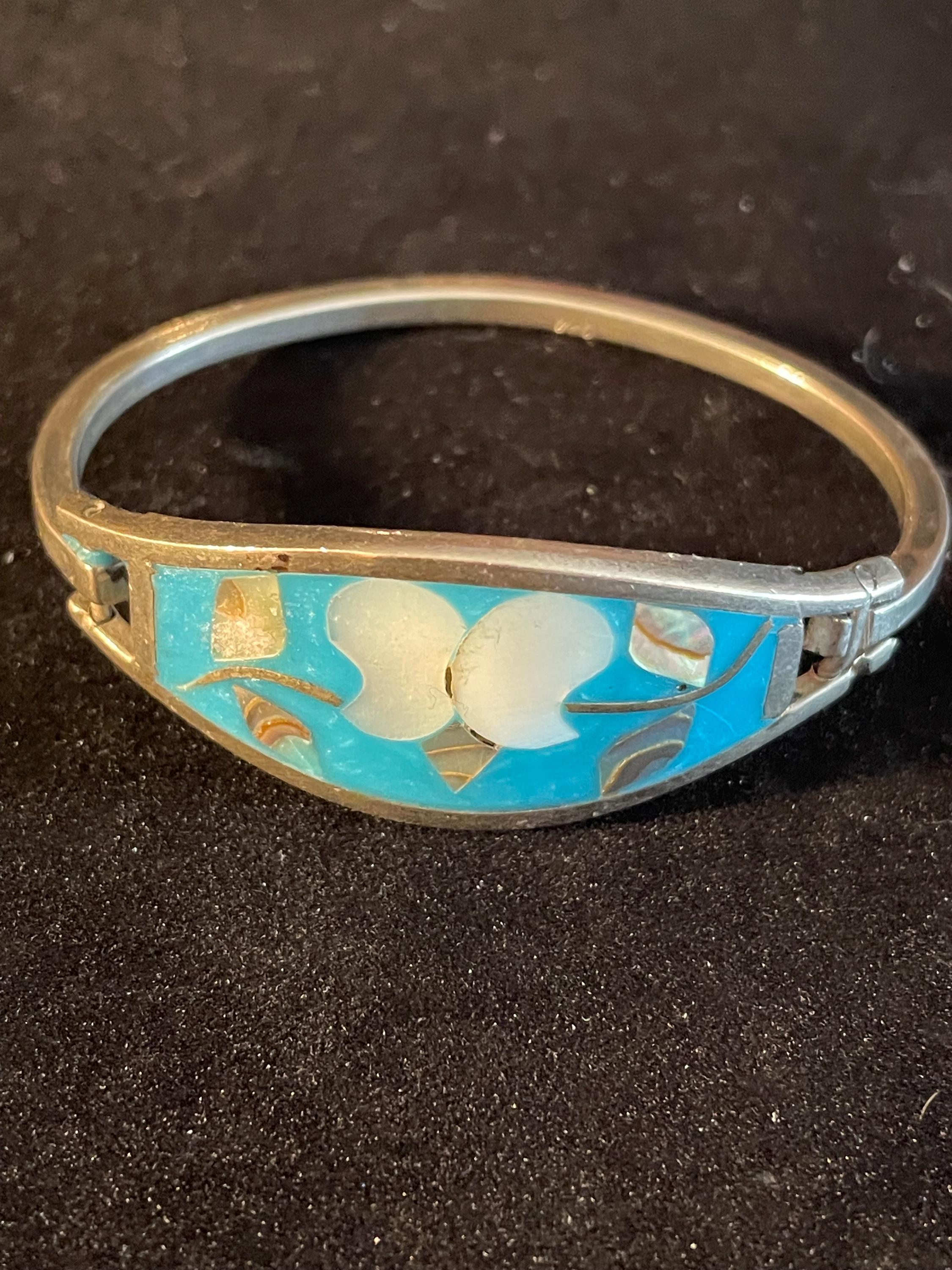 アクセサリー Vintage Mexico Sterling Bangle Vintage Mexico Sterling Silver 925 Mother of Pearl Blue Child's