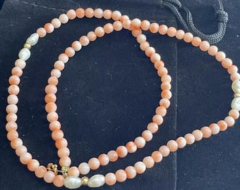 Vintage 14k Gold and Angel Skin Coral Bead and Fresh Water Pearl Necklace. Lovely.