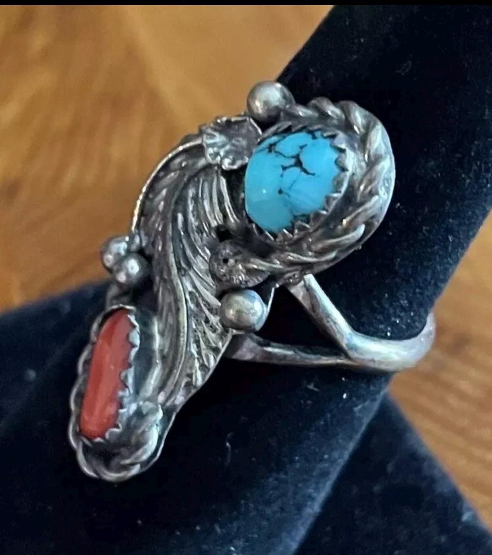 Navajo Artist Richard Begay 925 Sterling Silver Ring. Coral & Turquoise ...
