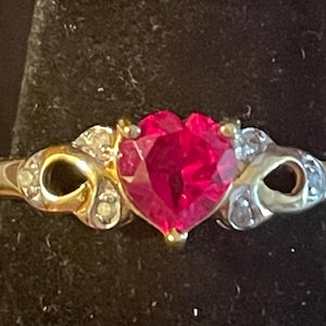 10k Yellow Gold Ruby Heart Ring With Diamond Accents. Love Size 6.5