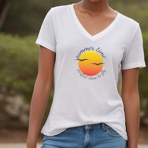 Summer Time V-Neck Shirt, Lightweight Tee, Beach Vacation Top, Casual Summer Clothing, Unisex V-Neck Tee, Summer Vibes Shirt