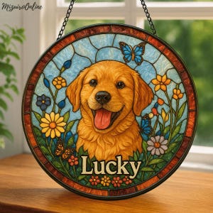 Custom Pet Portrait Stained Glass Suncatcher, Personalized Dog Memorial from Photo, Pet Loss Sympathy Gift, Stained Glass Dog Window Hanging