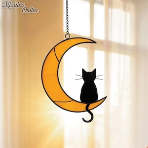 Black Cat On Moon Acrylic Suncatcher,Black Cat Window Hanging Ornament,Halloween Cat Decor,Cat Lover Gift,Memorial Gift for Lover Cat Loss
