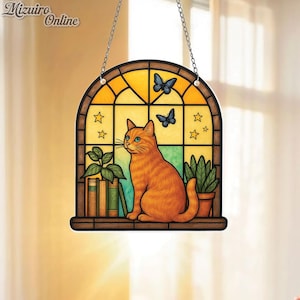 Cat and Book Suncatcher, Acrylic Window Ornament, Book Lover Gift, Cat Window Decor, Cat with Plant Decor,Cozy Reading Nook Decoration