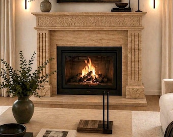 Travertine Fireplace Mantel, Honed Rustic Minimalist Stone Surround, Custom Marble Fireplace - READY to SHIPP