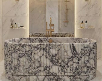 Hand-Carved Arabescato Breccia Marble Bathtub, Fluted Freestanding Tub