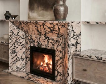 Bold Vein Calacatta Viola Marble Fireplace Mantel, Mitred Edge Stone Surround