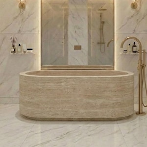 Bañera de travertino beige, bañera de piedra natural maciza, bañera independiente ovalada, pieza central de spa de lujo pulido, bañera de piedra personalizada imagen 1