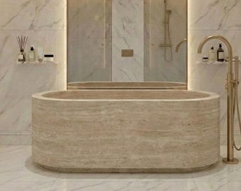 Beige Travertine Bathtub, Solid Natural Stone Soaking Tub, Oval Freestanding Bath, Honed Luxury Spa Centerpiece, Custom Stone Bathtub