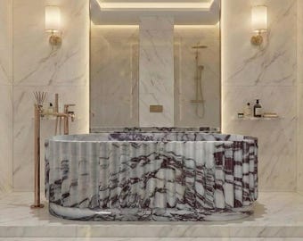 Calacatta Viola Custom Stone Bath, Solid Marble Block Hand Carved Fluted Spa Tub