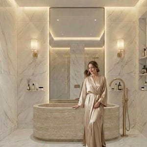 Bañera de travertino beige, bañera de piedra natural maciza, bañera independiente ovalada, pieza central de spa de lujo pulido, bañera de piedra personalizada imagen 3