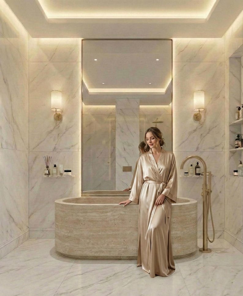 Bañera de travertino beige, bañera de piedra natural maciza, bañera independiente ovalada, pieza central de spa de lujo pulido, bañera de piedra personalizada imagen 3