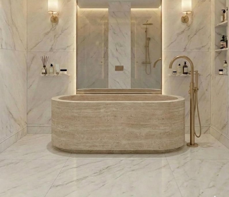 Bañera de travertino beige, bañera de piedra natural maciza, bañera independiente ovalada, pieza central de spa de lujo pulido, bañera de piedra personalizada imagen 1